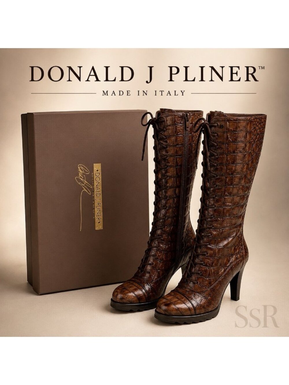 Donald J Pliner Daria Brown Croc Embossed Leather Tall Lace Up Boots Women’s 8M